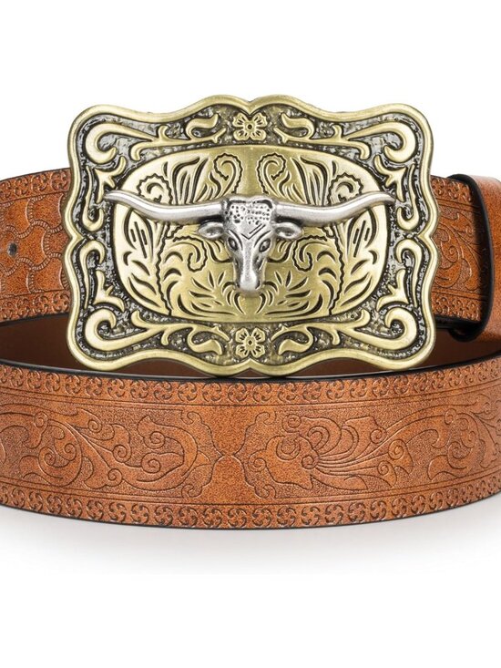 Women's Brown 2 Western Pu Leather Longhorn Bull Turquoise Embossed Buckle Belt - Picture 2 of 7